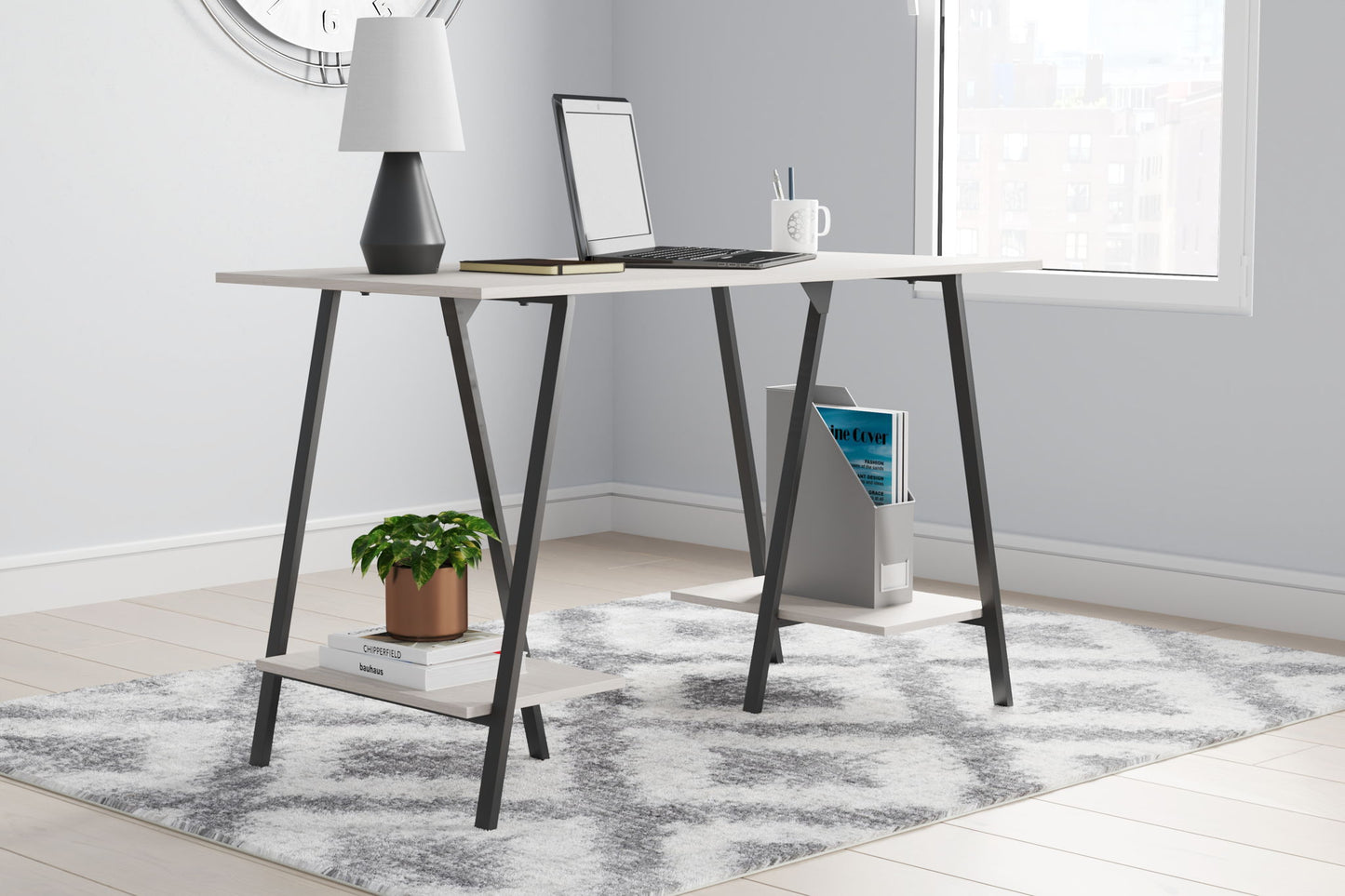 Bayflynn - Home Office Desk - 2 Fixed Shelves - White / Black