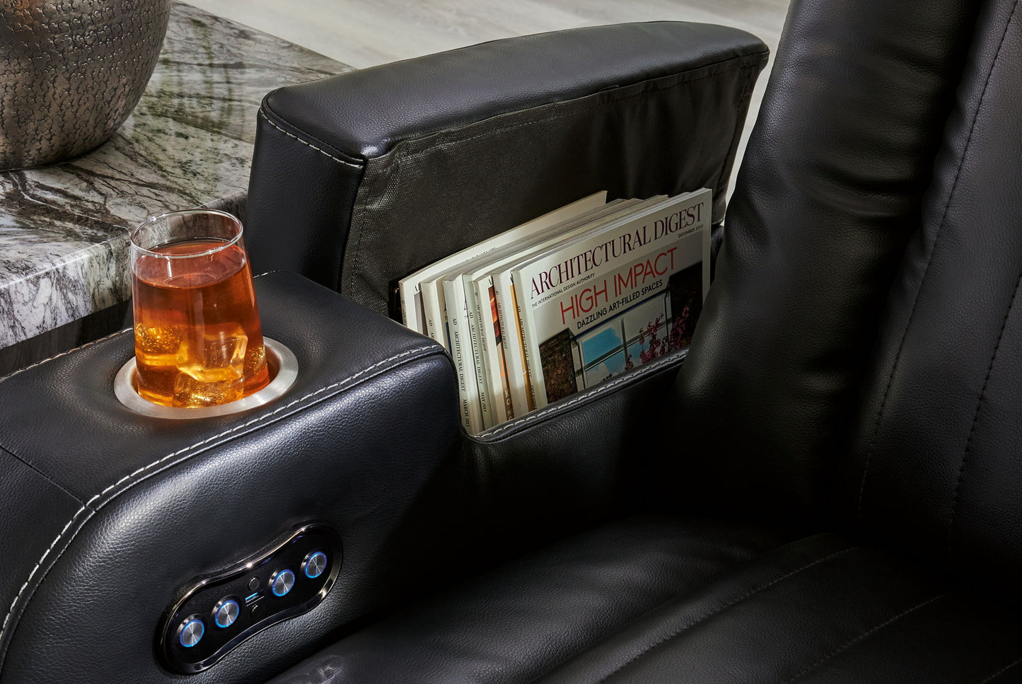 Caveman Den - Power Reclining Loveseat with Console/ Adj Hdrst - Midnight