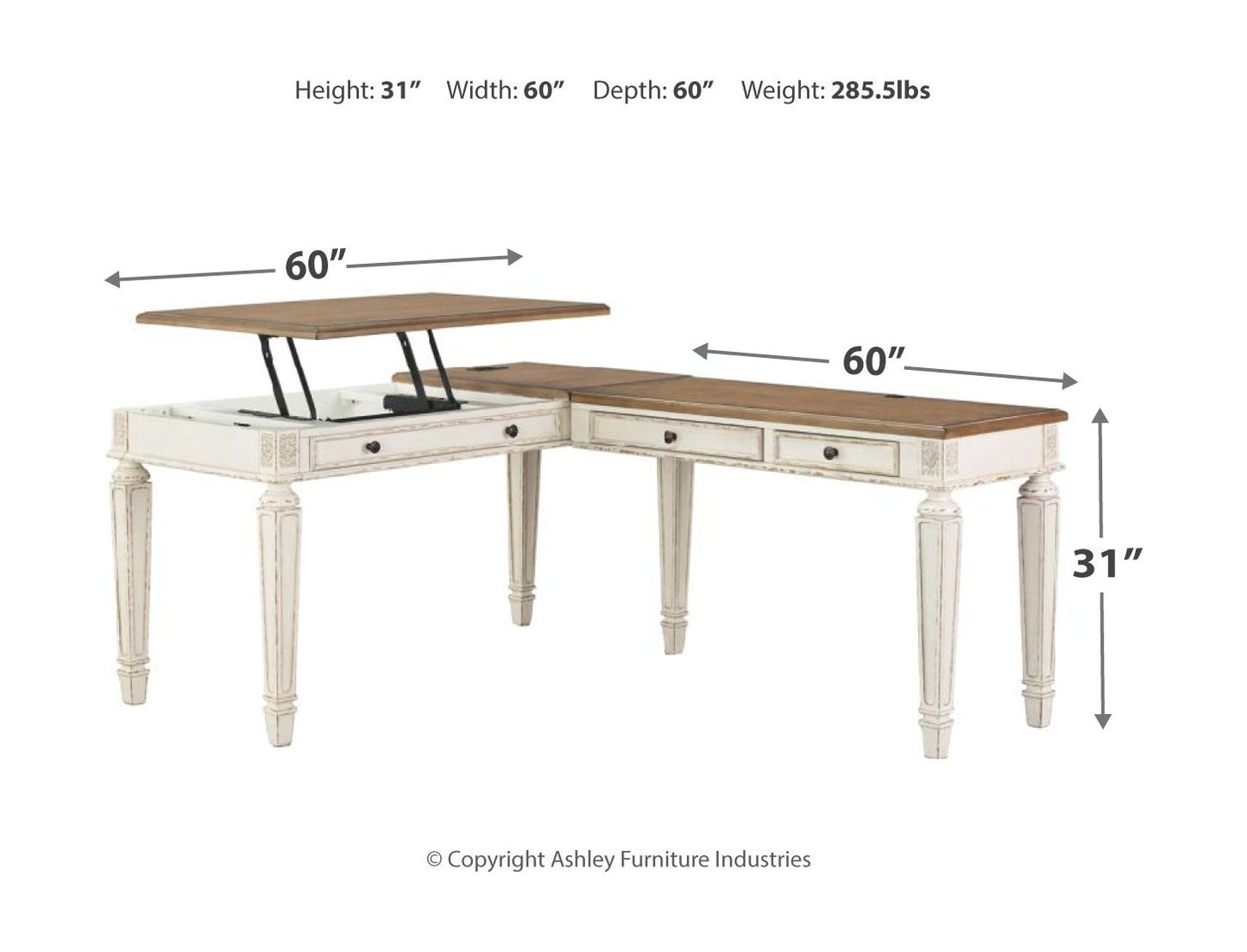 Realyn - L Shaped Desk with Lift Top - White / Brown