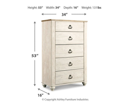 Willowton - Five Drawer Chest - Brown / Beige / White