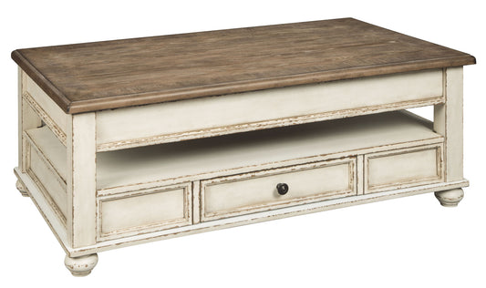 Realyn - Lift Top Cocktail Table - White / Brown